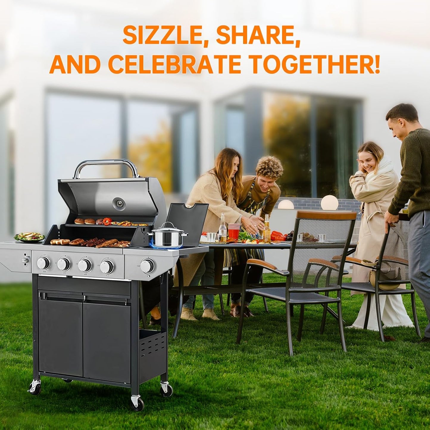 4 Burner Propane Gas Grill with Side Burner, Stainless Steel BBQ Grill 48,500 BTU for Outdoor Cooking Kitchen, Garden and Patio Backyard Barbecue, Dark Black and Silver