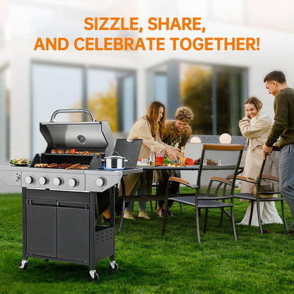 4 Burner Propane Gas Grill with Side Burner, Stainless Steel BBQ Grill 48,500 BTU for Outdoor Cooking Kitchen, Garden and Patio Backyard Barbecue, Dark Black and Silver
