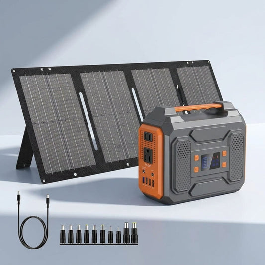 300-Watt Portable Solar Generator W/ Foldable 60-Watt Monocrystalline Solar Panel and 280Wh for Camping, RV, Outdoor Use — Studio Shot