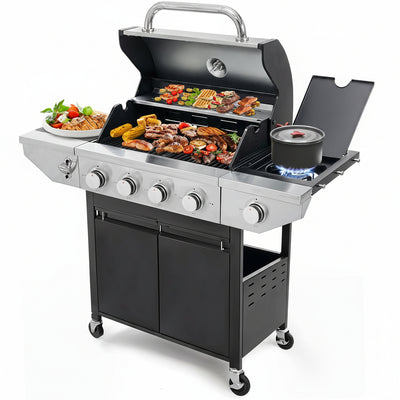 4 Burner Propane Gas Grill with Side Burner, Stainless Steel BBQ Grill 48,500 BTU for Outdoor Cooking Kitchen, Garden and Patio Backyard Barbecue, Dark Black and Silver