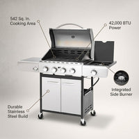 4 Burner Propane Gas Outdoor Grill with Side Burner Stainless Steel BBQ Grill — infographic