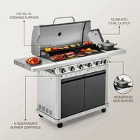 6 Burner Propane Gas Grill and Griddle Combo with Side Burner 740 Sq. In. Large Cooking Area 52,000 but Output BBQ Grill — infographic