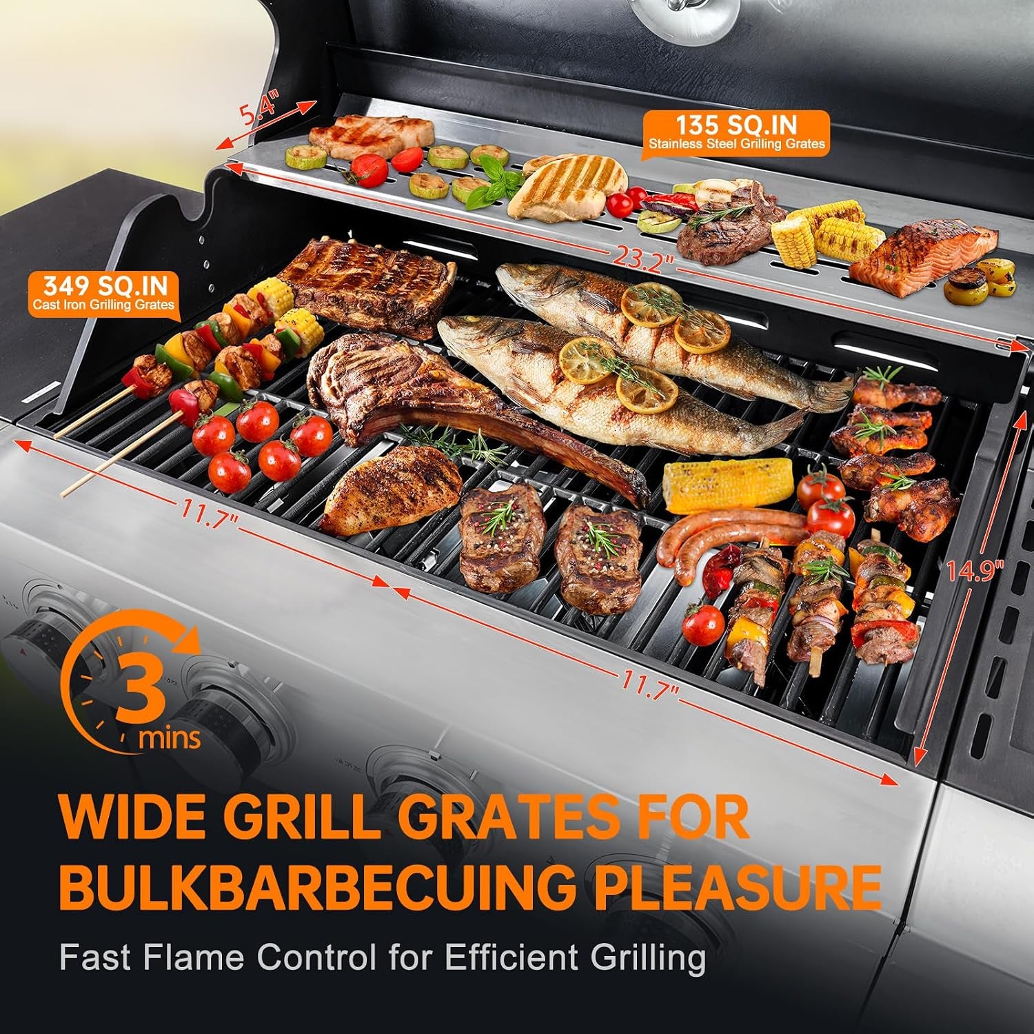 4 Burner Propane Gas Grill with Side Burner, Stainless Steel BBQ Grill 48,500 BTU for Outdoor Cooking Kitchen, Garden and Patio Backyard Barbecue, Dark Black and Silver