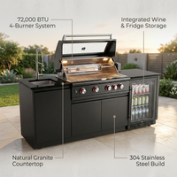Outdoor Kitchen Island Built for Backyard Entertaining, 72000 BTU Grill, 304 Stainless Steel, Granite Countertops — infographic