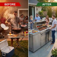BBQ Island Outdoor Kitchen Kits, 4-Burner 72000 BTU Stainless Steel Modular 98 Inch Natural Gas Outdoor Kitchen Bar Barbecue Island Grill with Refrigerator and Sink for Patio Backyard — Before & After