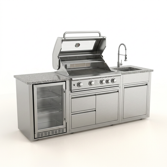 BBQ Island Outdoor Kitchen Kits, 4-Burner 72000 BTU Stainless Steel Modular 98 Inch Natural Gas Outdoor Kitchen Bar Barbecue Island Grill with Refrigerator and Sink for Patio Backyard — Studio Shot