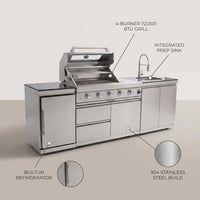 BBQ Island Outdoor Kitchen Kits, 4-Burner 72000 BTU Stainless Steel Modular 98 Inch Natural Gas Outdoor Kitchen Bar Barbecue Island Grill with Refrigerator and Sink for Patio Backyard — infographic