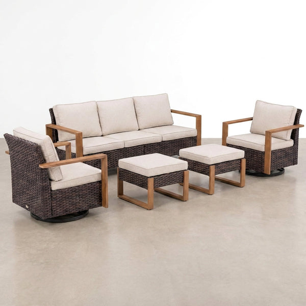Luxury Outdoor Wicker Patio Furniture Set,5 Piece Deep Seating Outdoor Conversation Set with Patio Swivel Rocker Patio Chairs,Rattan Couch and Ottomans for Deck Porch Poolside — Studio Shot