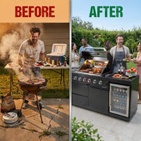 Outdoor Kitchen Island Black Stainless Steel with Sink & 46-Inch 4-Burner 72000 BTU Grill, Wine Cooler, Refrigerator, Rotisserie Kit & Granite Countertops — Before & After